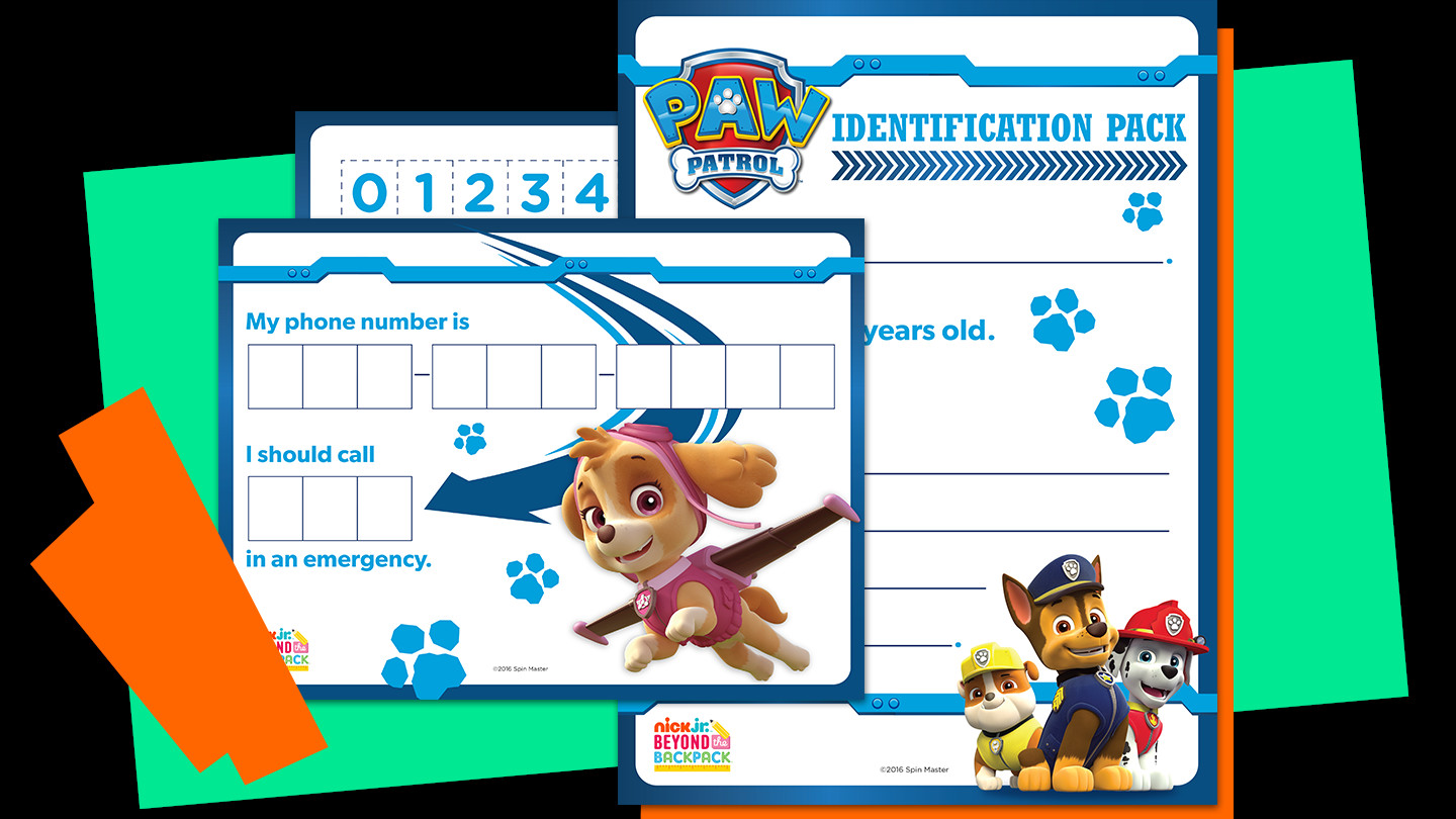 PAW Patrol ID pack, with space for children to enter their phone numbers, what number to call in an emergency, and their name, age, and address.