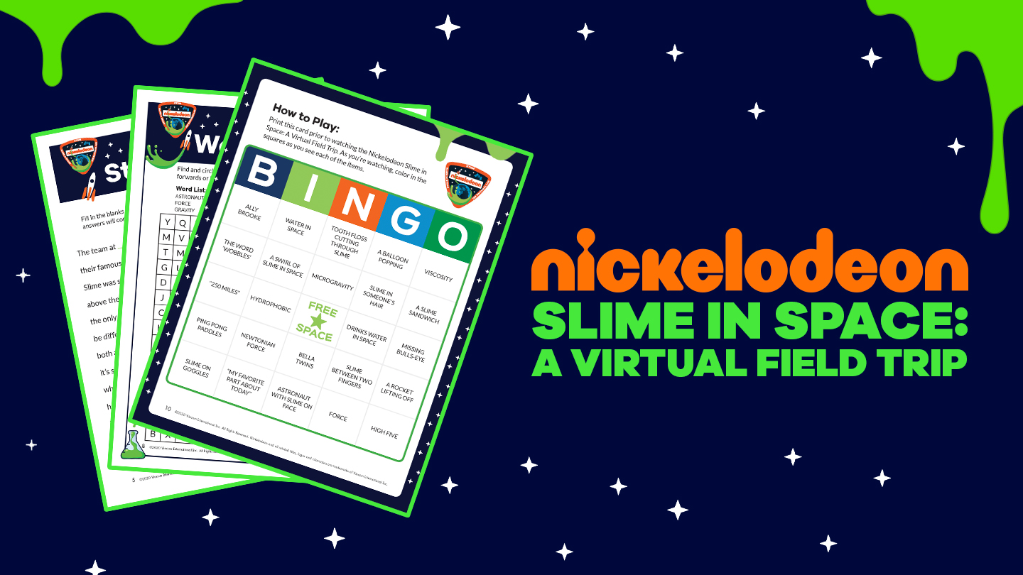 Title: Nickelodeon Slime In Space: A Virtual Field Trip. Navy background with animated stars, plus images of a bingo card and other worksheets.
