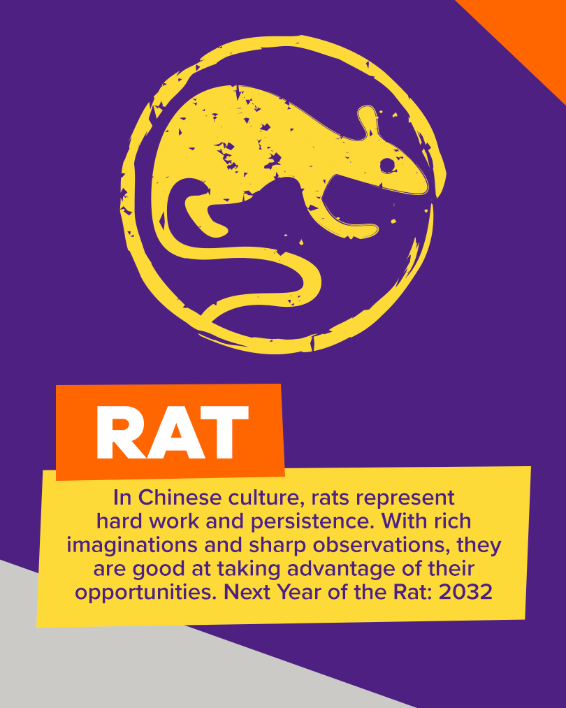 Icon of a rat. Text: in chinese culture, rats represent hard work and persistence. With rich imaginations and sharp observations, they are good at taking advantage of their opportunities. Next year of the rat: 2032