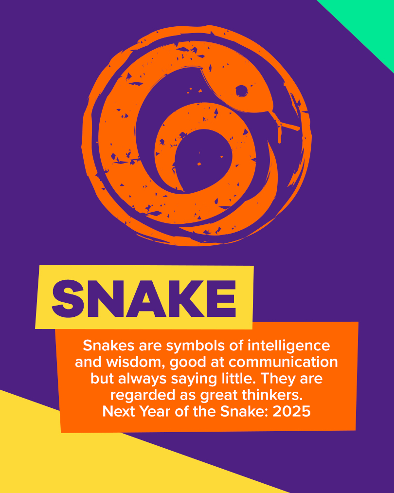 Icon of a Snake. Text: Snakes are symbols of intelligence and wisdom, good at communication but always saying little. They are regarded as great thinkers. Next Year of the snake: 2025