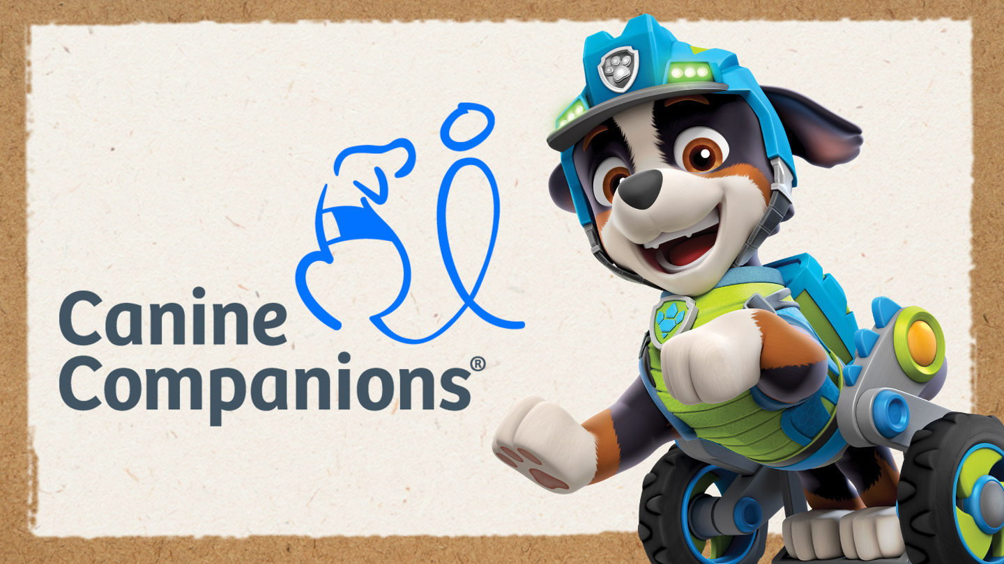 Logo for Canine Companions - a blue cursive line drawing of a human and a dog. Alongside Rex the Bernese Mountain Dog from PAW Patrol.