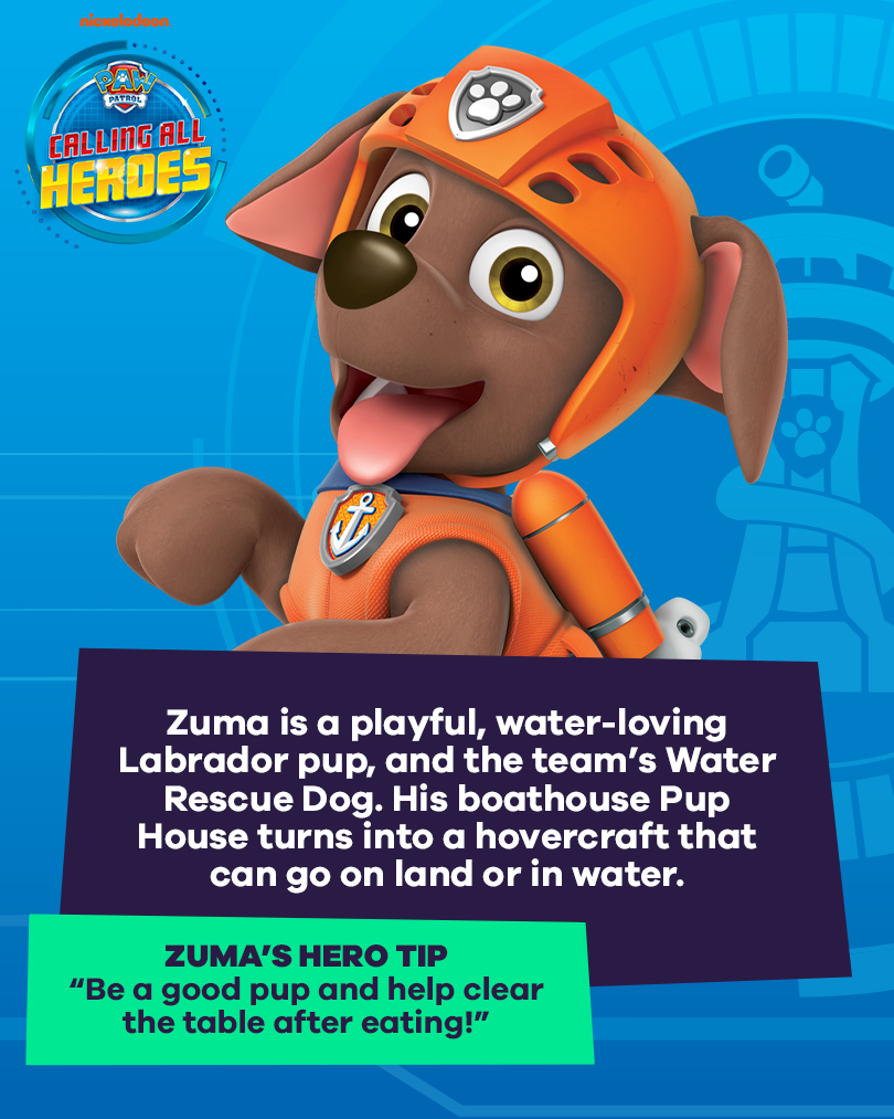 Calling All Heroes - Zuma from PAW Patrol - Zuma is a playful, water-loving Labrador pup and the team's Water Rescue Dog. His boathouse pup house turns into a hovercraft that can go on land or in water. Zuma's hero tip: be a good pup and help clear the table after eating!