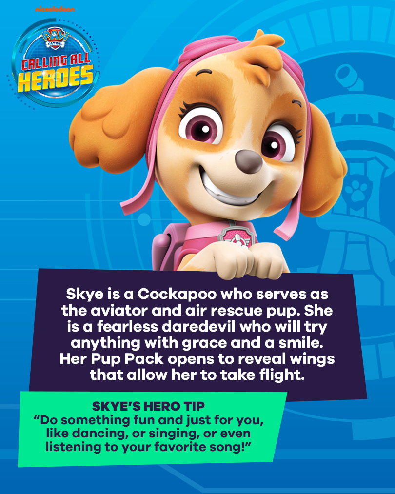 Calling All Heroes - Skye from PAW Patrol. Skye is a cockapoo who serves as the aviator and air rescue pup. She is a fearless daredevil who will try anything with grace and a smile. Her pup pack opens to reveal wings that allow her to take flight. Skye's hero tip: Do something fun and just for you, like dancing, or singing, or even listening to your favorite song.