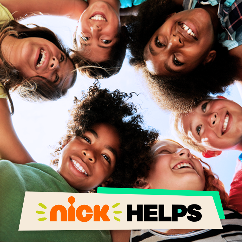 group of kids huddled around each other looking down with nick helps logo