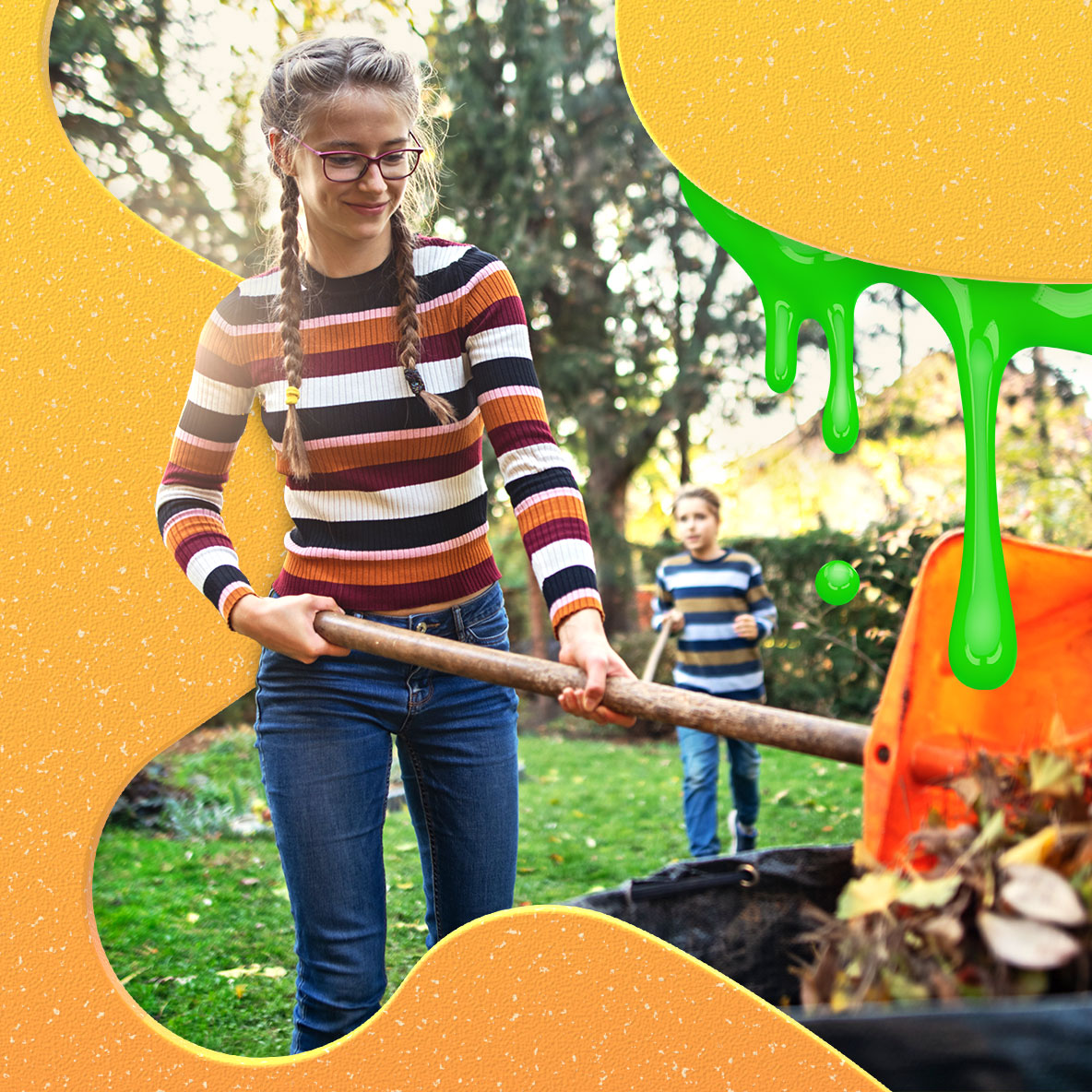 A young white girl with blonde braids and glasses and a striped sweater dumps compostable items into a compost bin.
