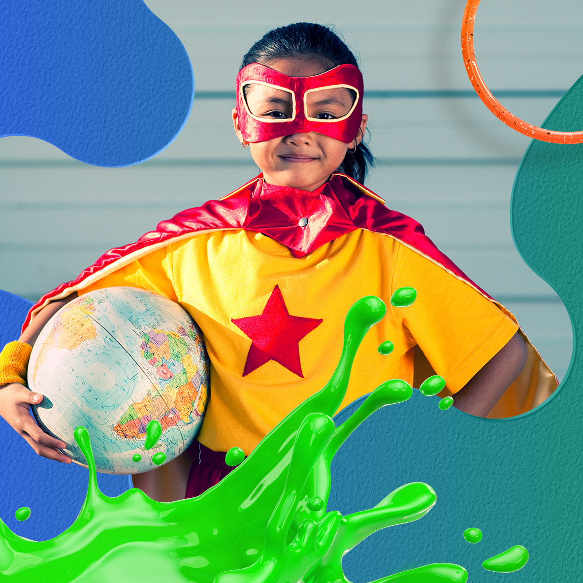 A young brunette girl wears a super hero costume and poses with a globe.
