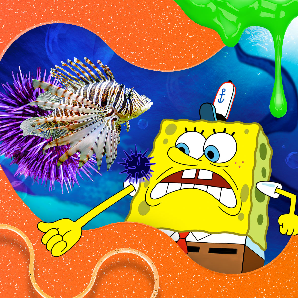 SpongeBob SquarePants and a lion fish featuring Nickelodeon Slime in the background.