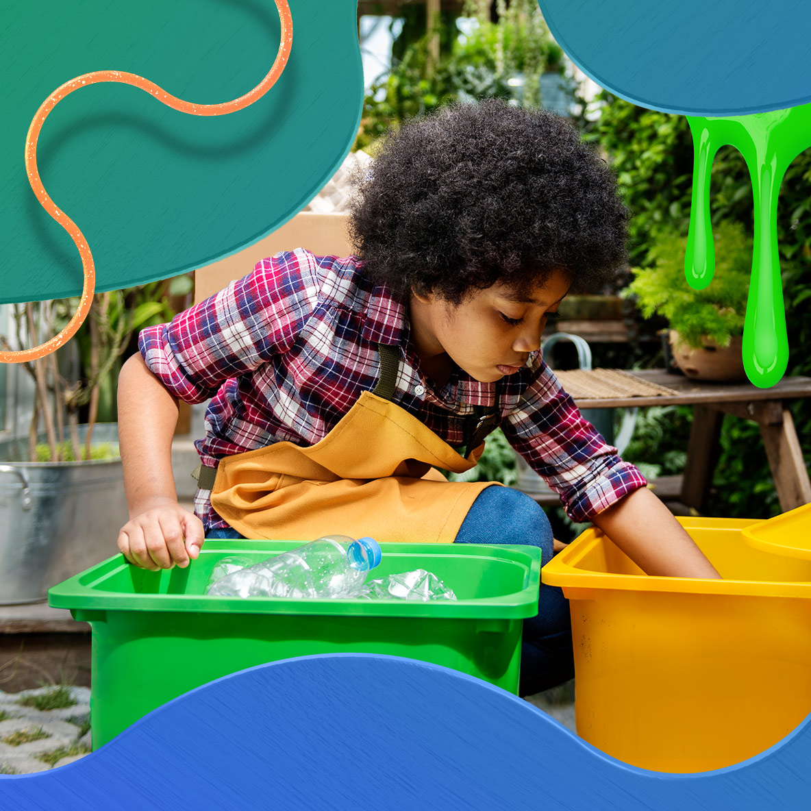 A young boy wearing a plaid shirt with curly brown hair separates recyclables.