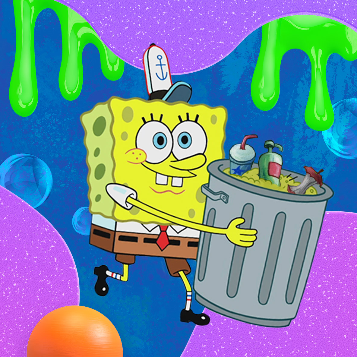 SpongeBob SquarePants holding a trash can.