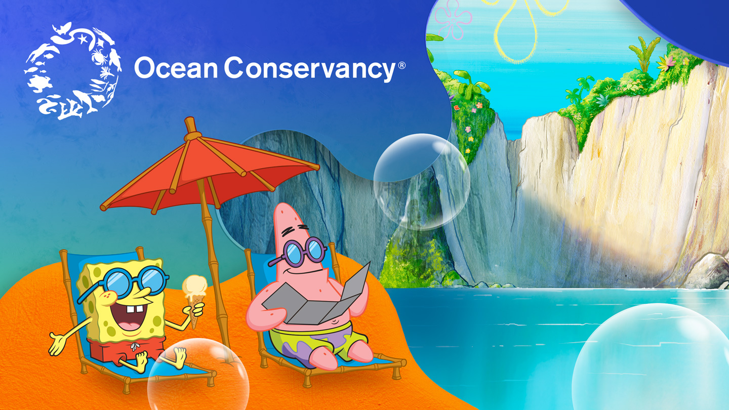 SpongeBob and Patrick lounging in the sun for Ocean Conservancy